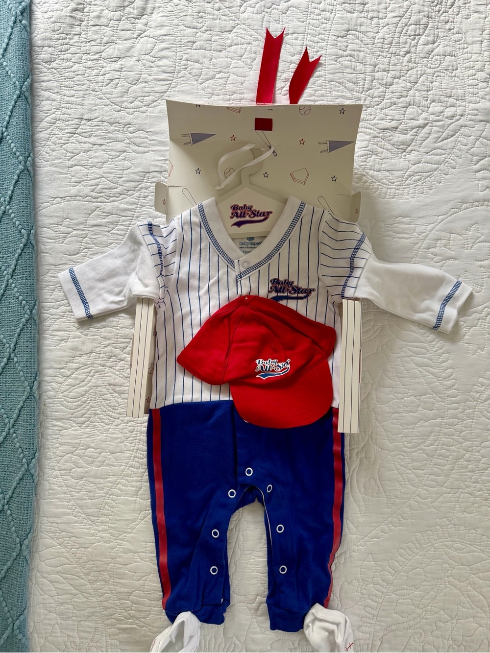 Baby All-Star Baseball One-Piece with Red Cap & Socks - White/Blue/Red